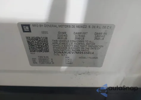 2021 Chevrolet Equinox Awd Lt z USA, uszkodzony, nr VIN 3GNAXUEV7MS145814